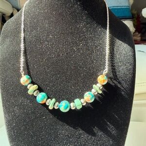 SOLD Turquoise and Spiny Oyster Turquoise Sterling Silver Beaded Necklace
